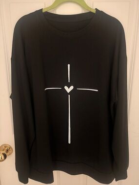 Black Long Sleeve Tee with Cross & Heart Graphic